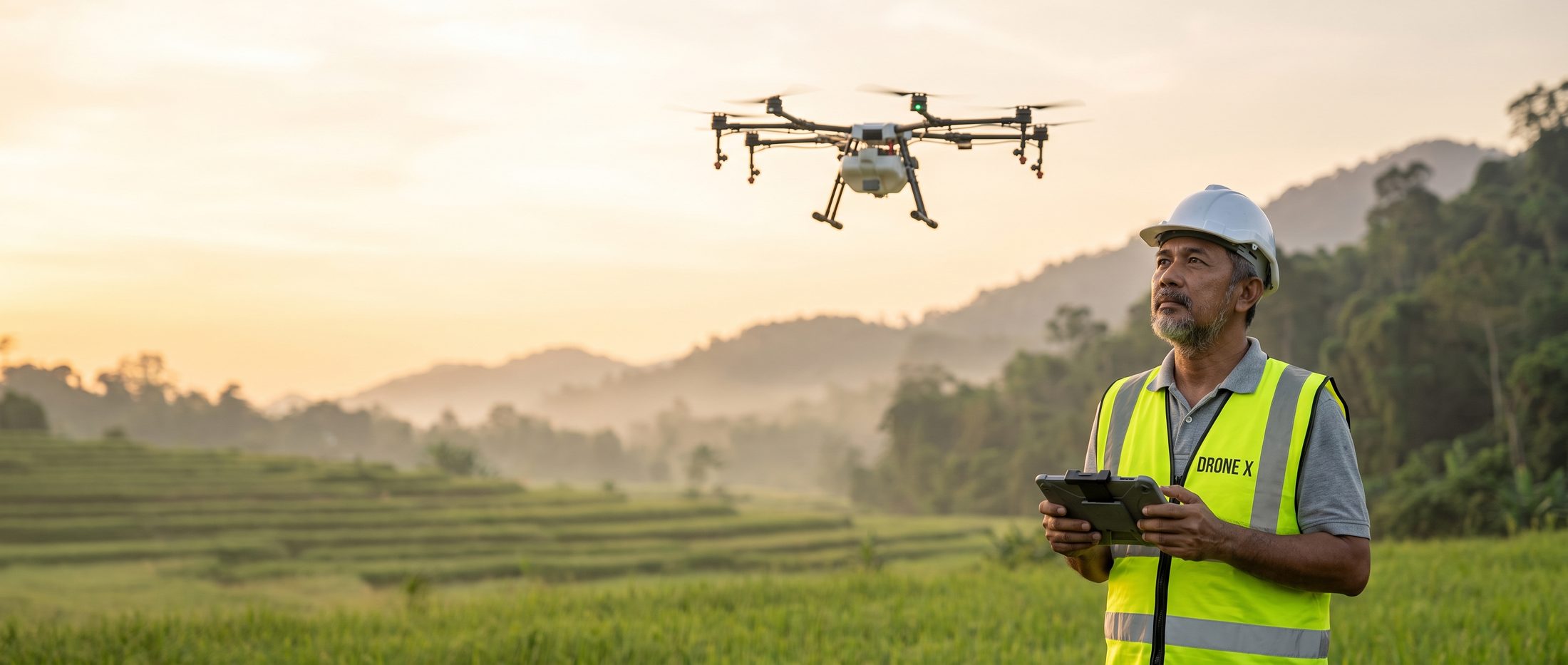 Drone X pilot in a hi-vis vest operating an agricultural drone in a misty highland field