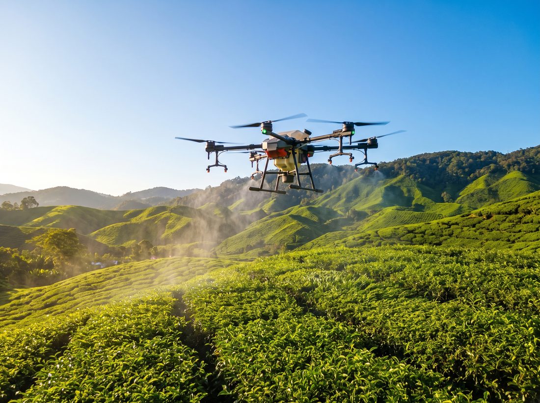 Agricultural drone spraying a green tea plantation under a clear blue sky