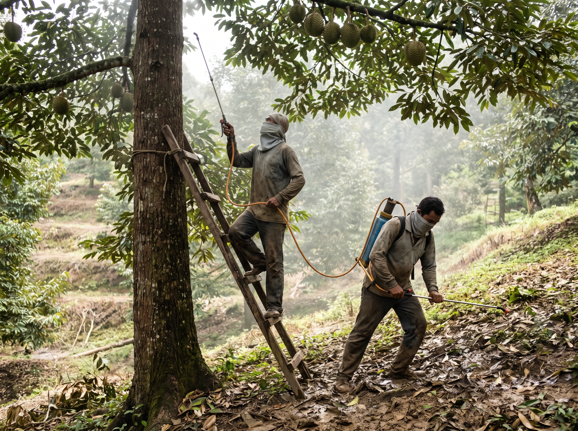 Farm workers manually spraying pesticide on tall durian trees from a ladder with backpack sprayers