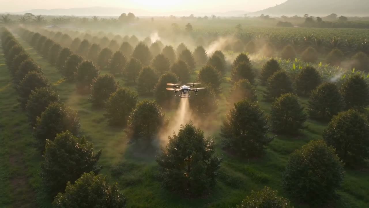 Aerial drone spraying an orchard at golden hour