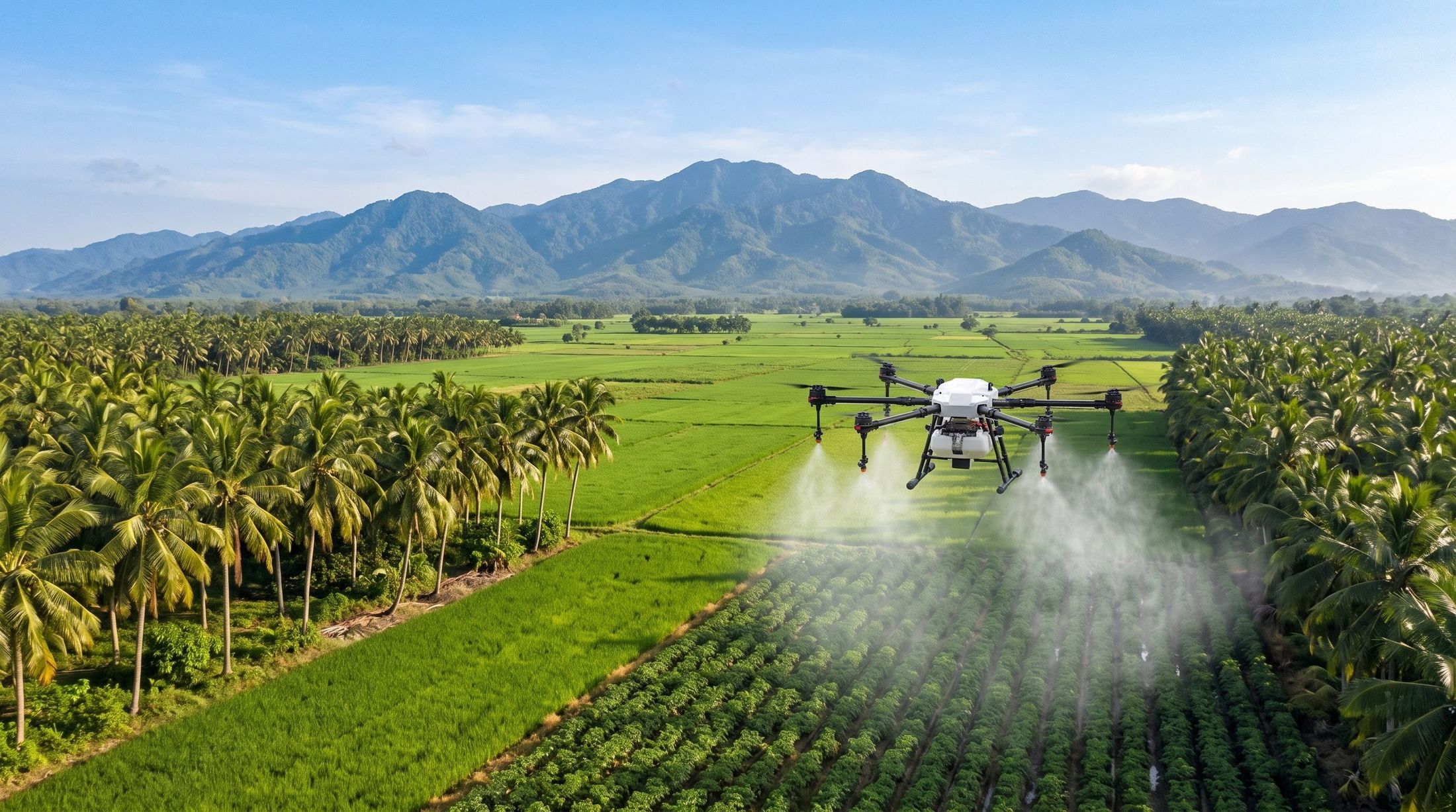 Agriculture drone spraying a green paddy field lined with palm trees, mountains in the background