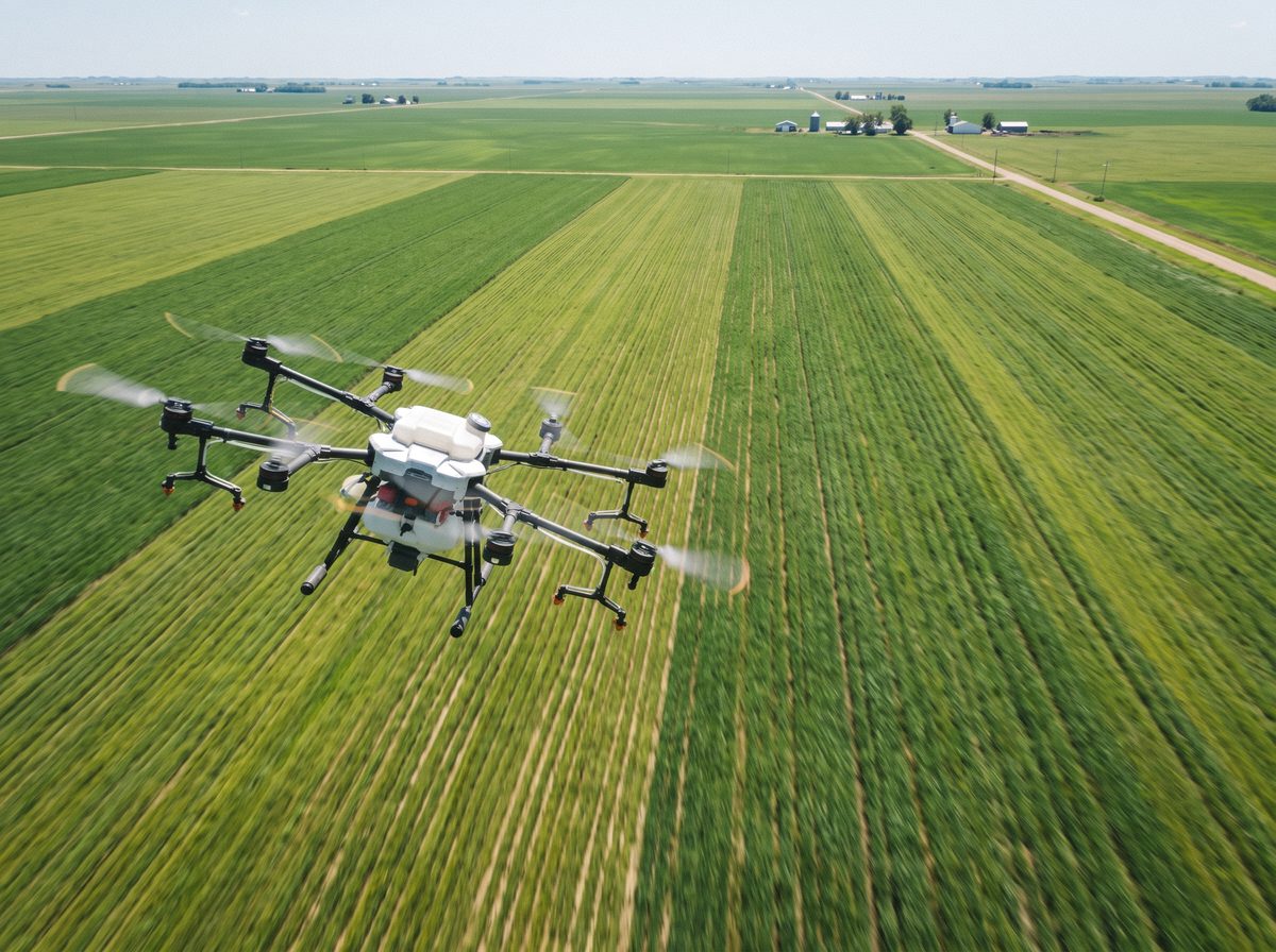 Wide aerial shot of an agricultural drone flying swiftly over a large farmland field
