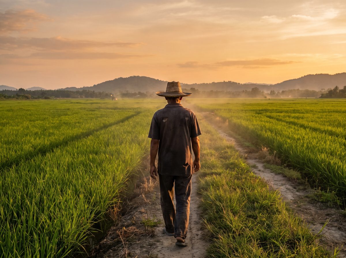 A farmer in a wide-brim hat walking alone through a green crop field