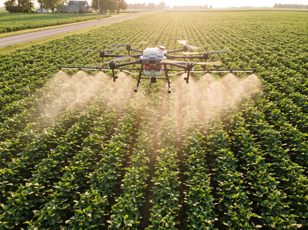 Close aerial shot of an agricultural drone releasing a fine spray mist over a crop field