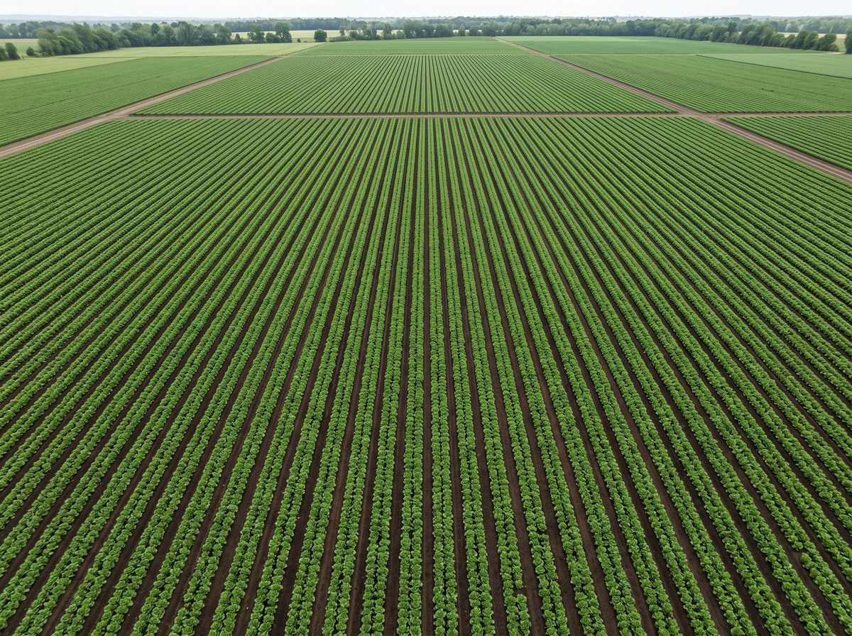 Aerial top-down view of neat, orderly green crop rows on a farm