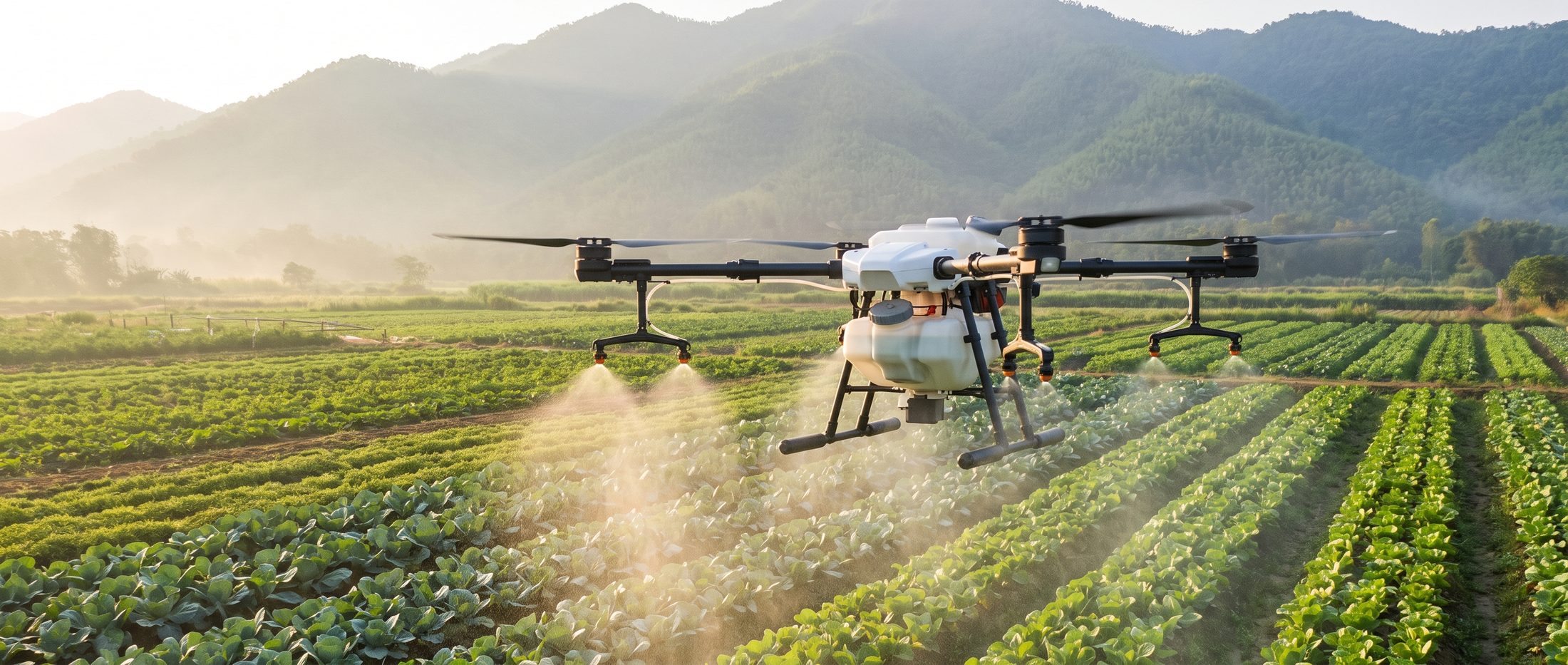 Agriculture drone spraying a fine mist over green crop rows with misty mountains in the background