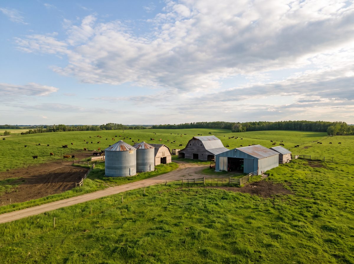 Rural farm with grain silos and buildings surrounded by green fields