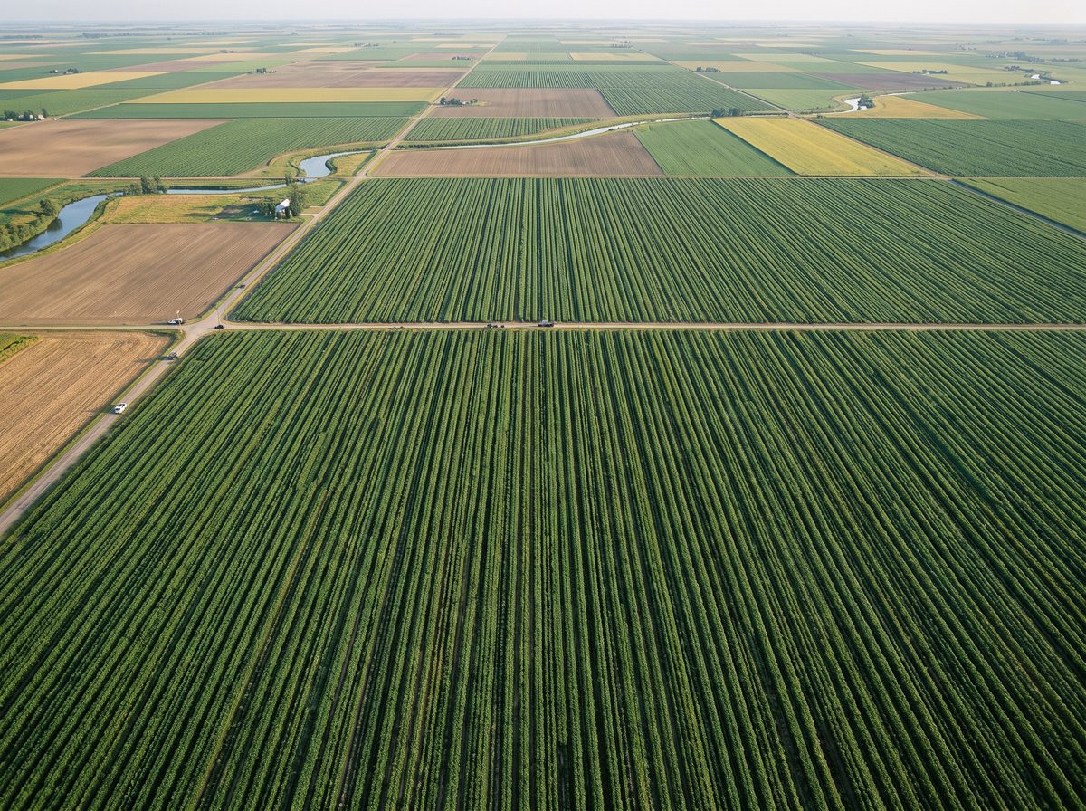 Wide aerial view of a large-scale crop field with long green rows extending to the horizon