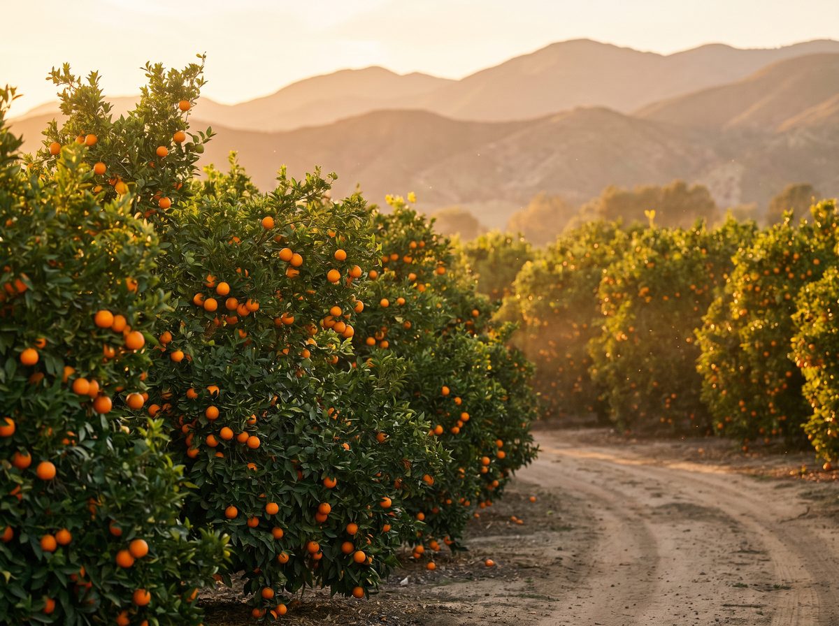 Citrus orchard with rows of orange trees full of ripe fruit