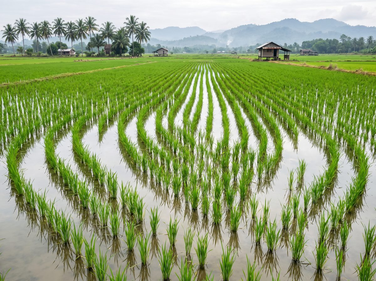 Lush green rice paddy field with rows of young rice plants