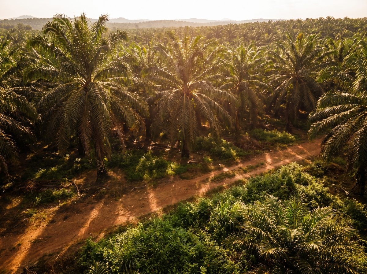 Oil palm plantation with tall palm trees in neat rows
