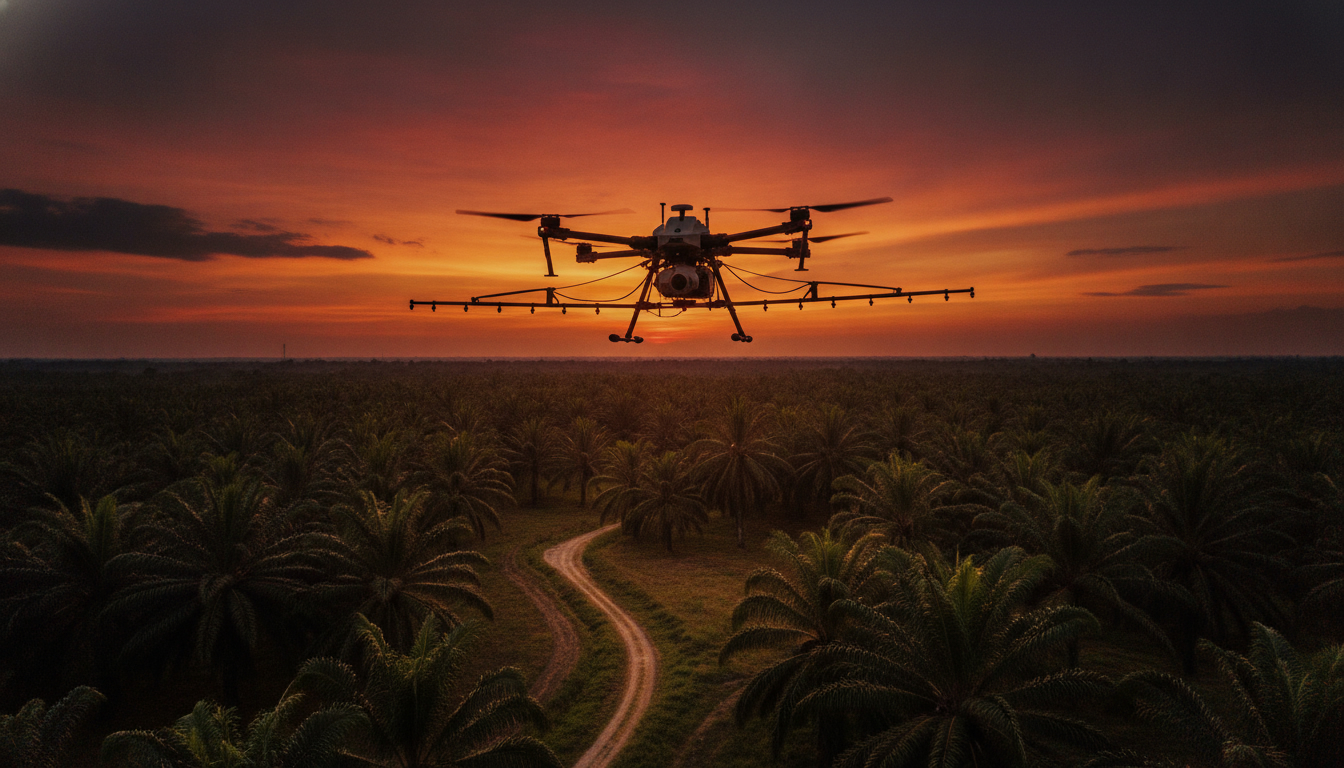 Agricultural drone flying over a palm plantation at dusk