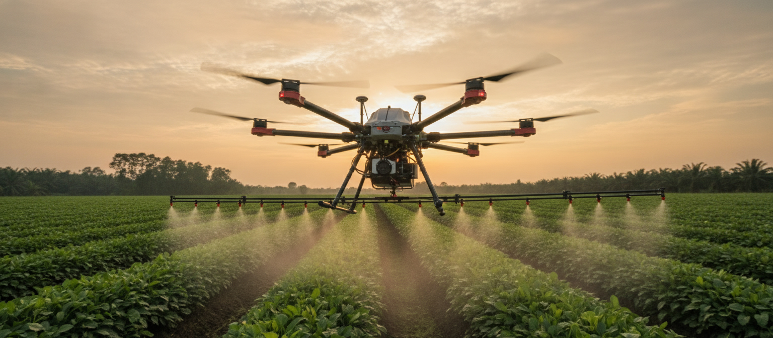 Agricultural spraying drone in flight over green crop rows at golden hour