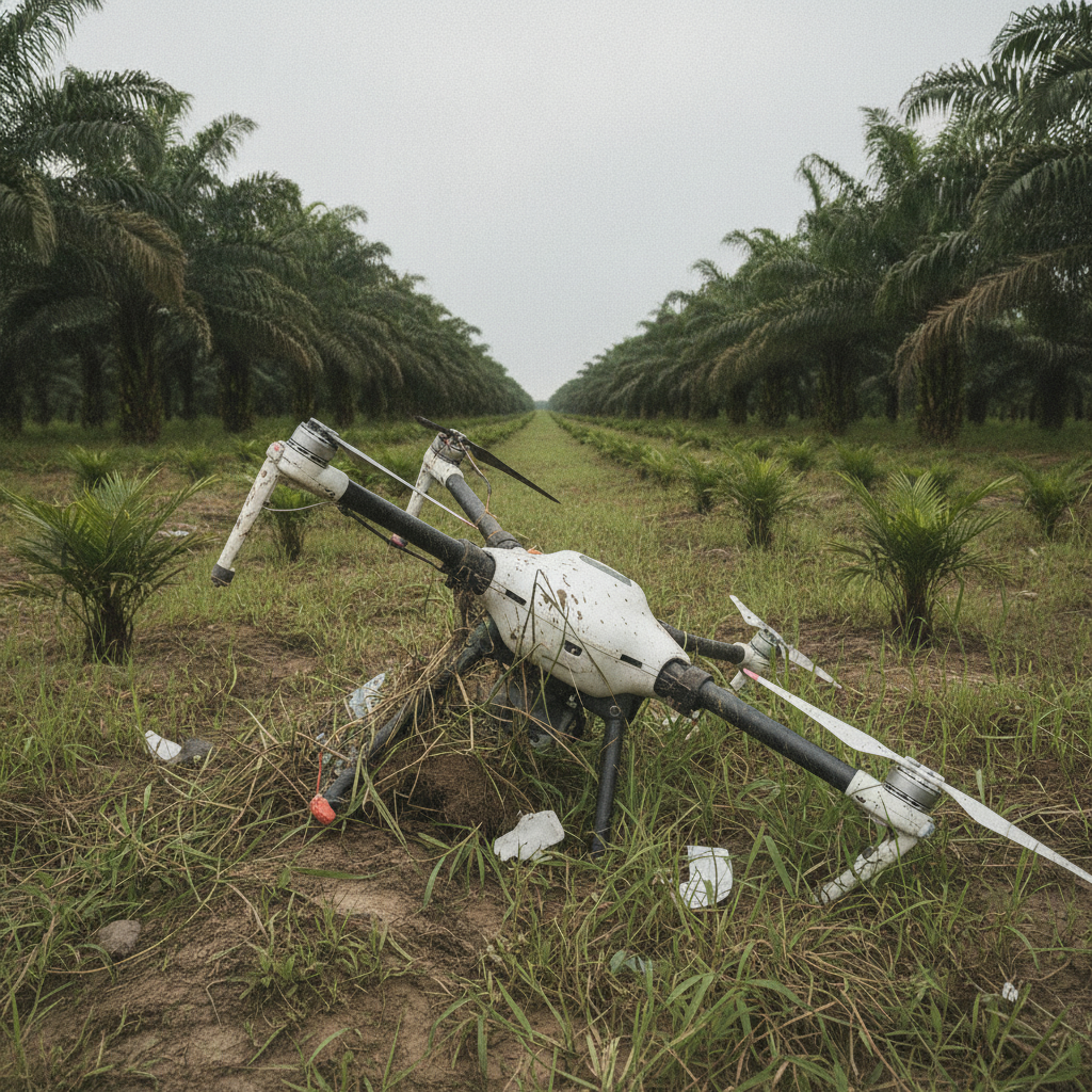 A crashed agricultural drone lying damaged on the ground in a field