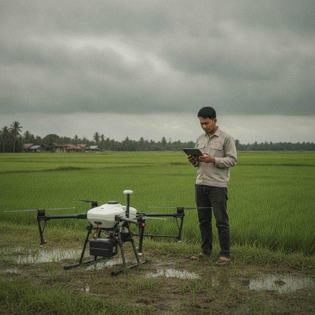A drone pilot checking a tablet controller beside a grounded drone in a field