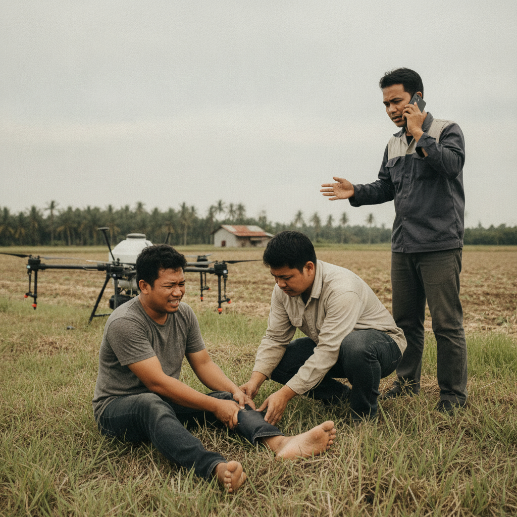 People assisting someone who is seated on the ground in a field after an incident