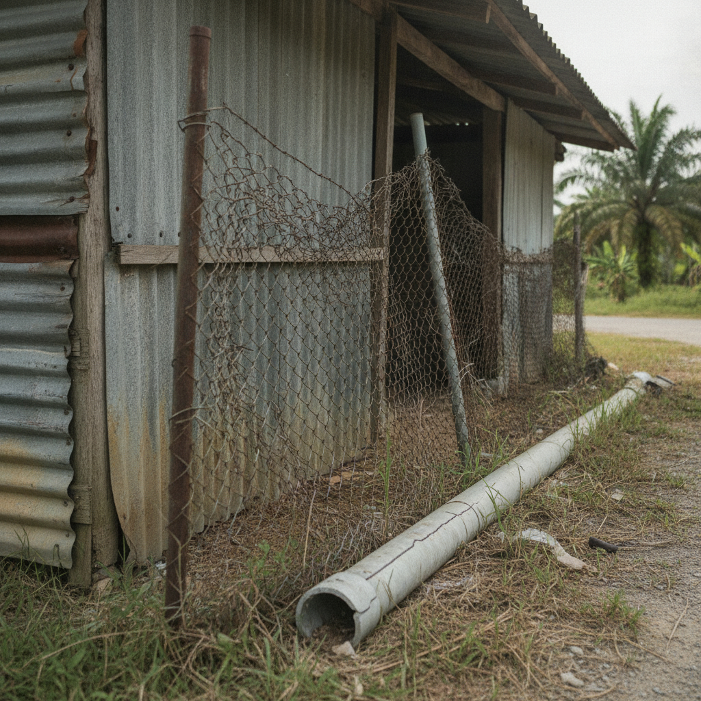 A damaged fence and structure on a rural property