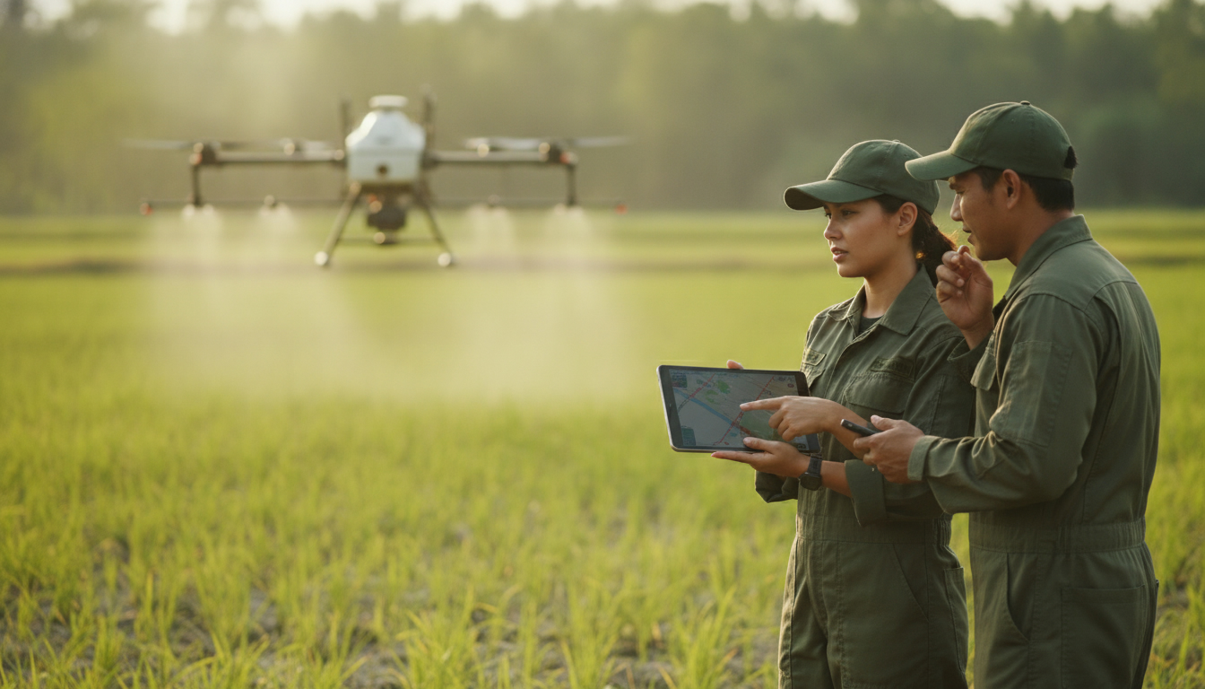 Two Drone X pilots in a field reviewing flight data on a tablet controller