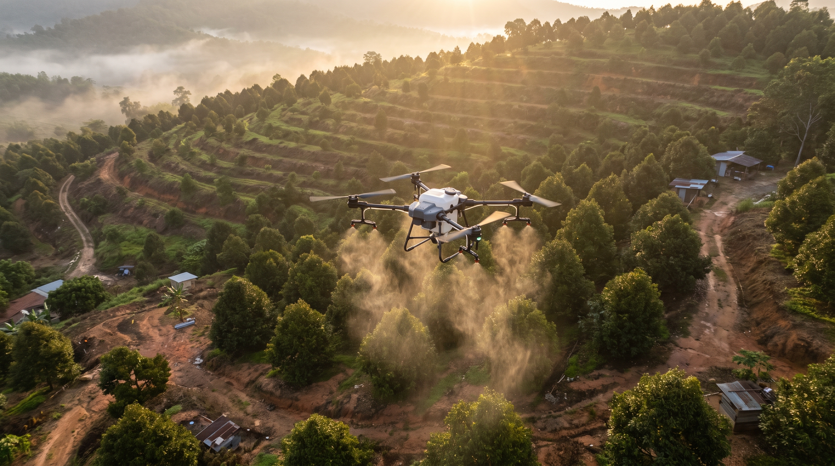 An agricultural drone spraying a fine mist over a hillside durian orchard at sunrise