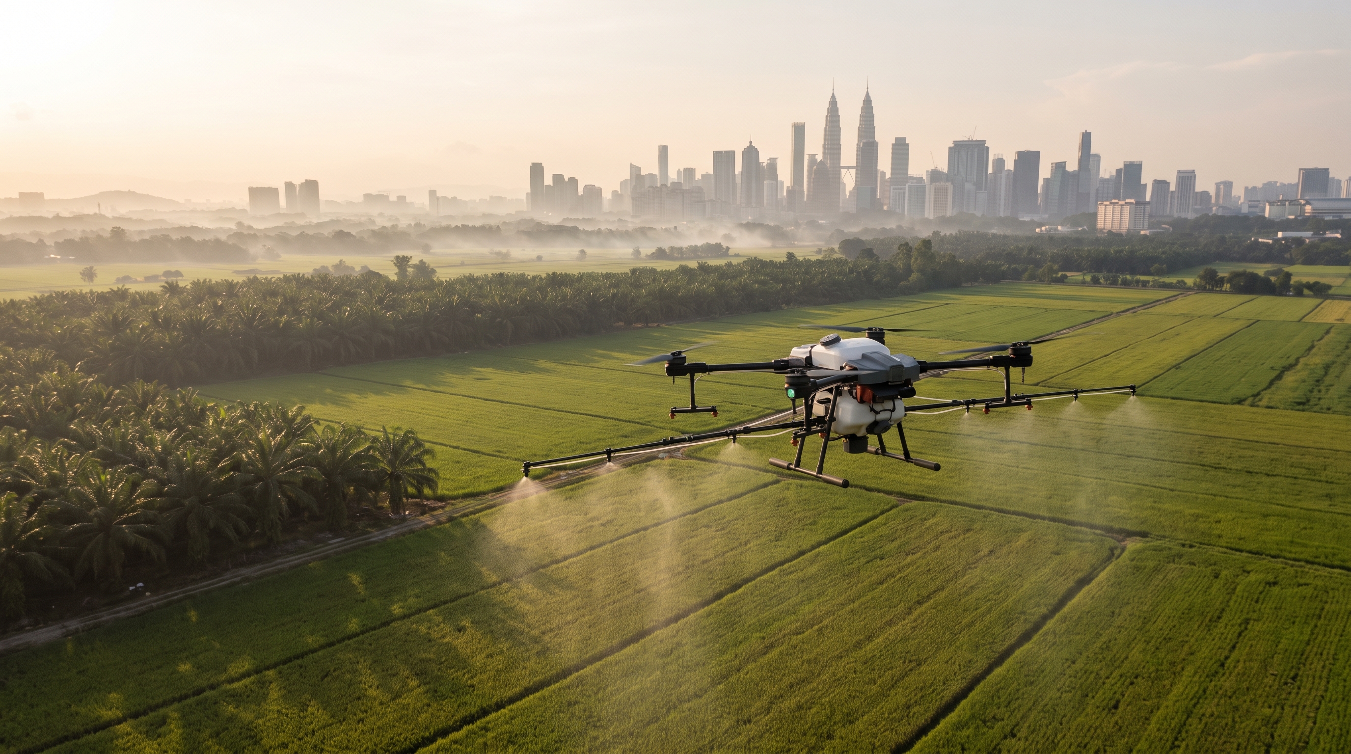 An agricultural drone flying over farmland with the Kuala Lumpur skyline in the distance