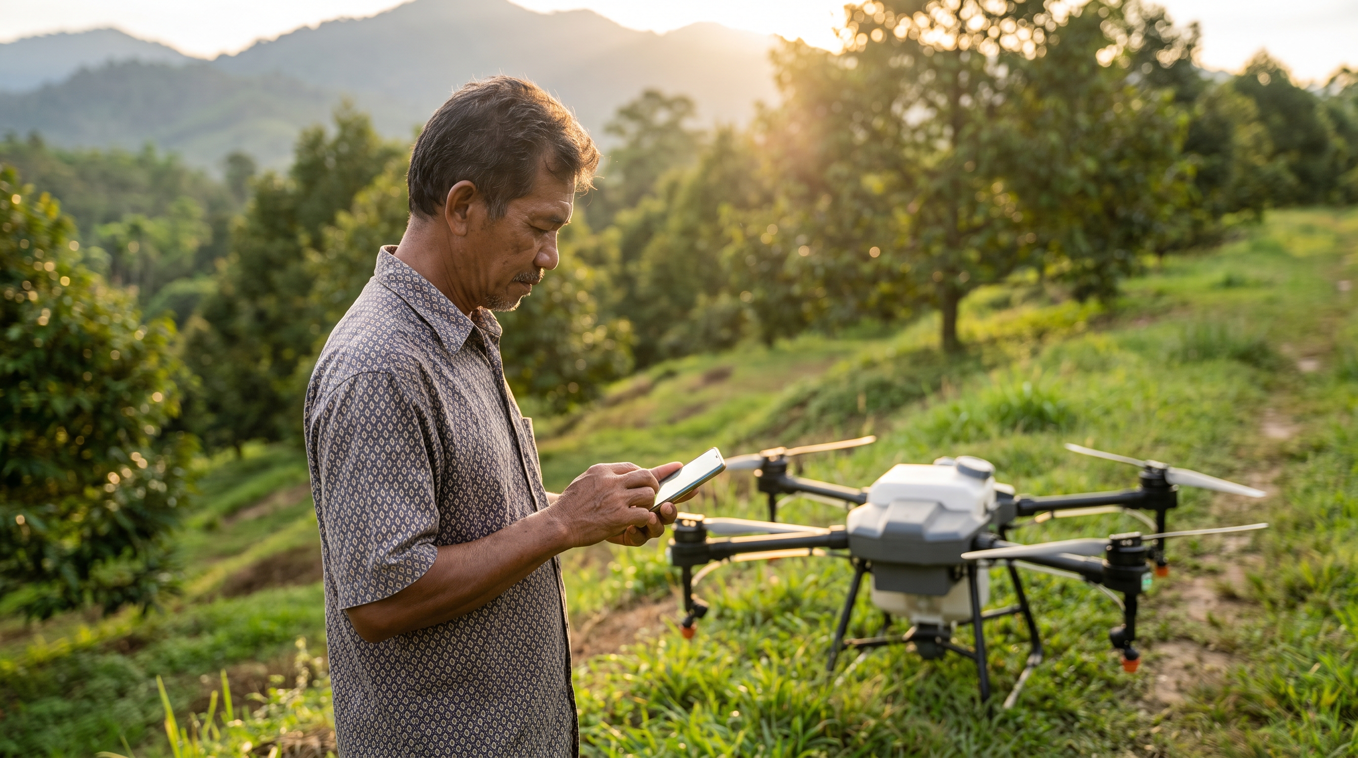 A Malaysian farmer checking his phone beside an agricultural spray drone at golden hour
