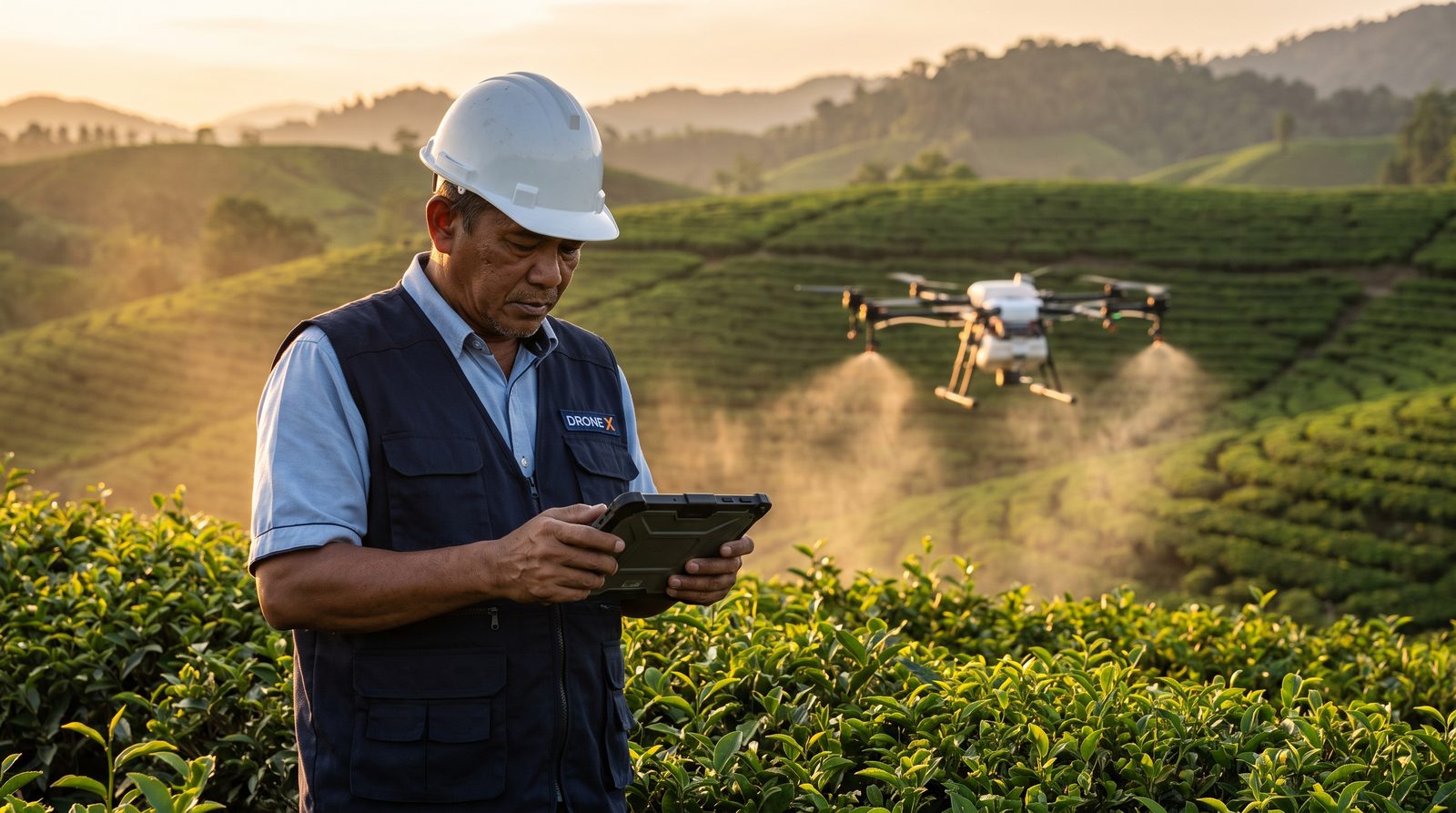 Drone X pilot in a hard hat monitoring a spraying drone over a tea plantation from a tablet controller