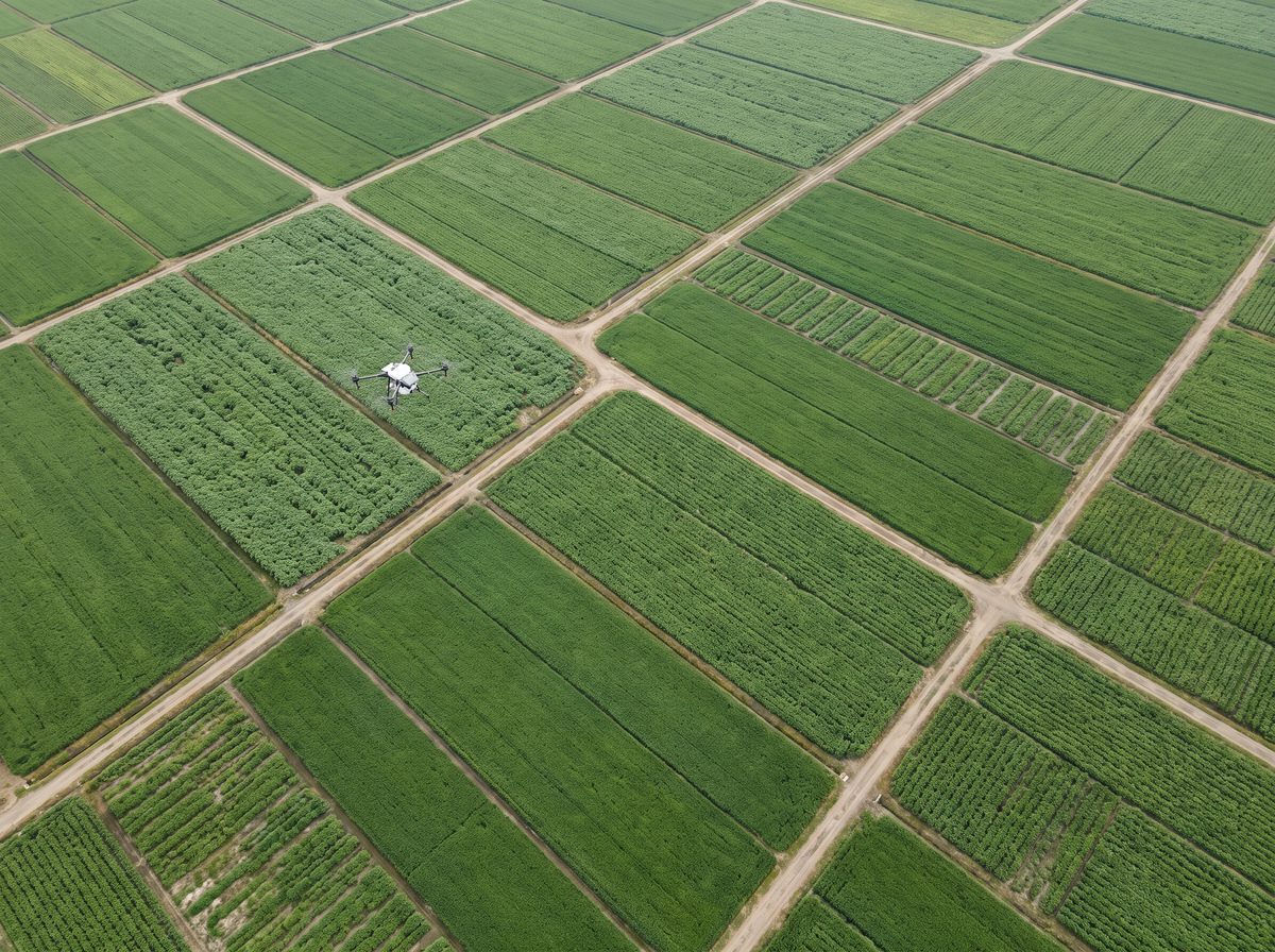 Aerial top-down view of green agricultural crop plots with a drone flying over one section