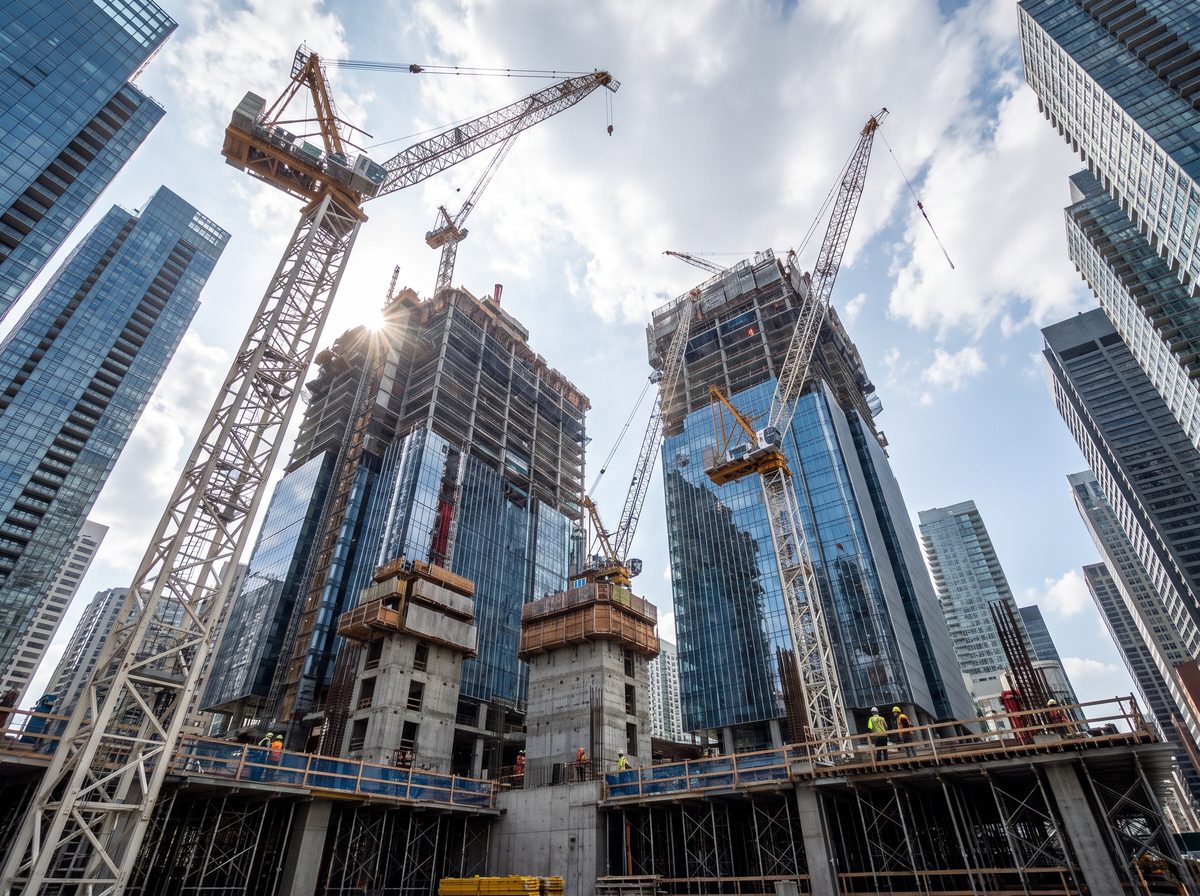 Construction cranes and high-rise buildings under construction against a city skyline