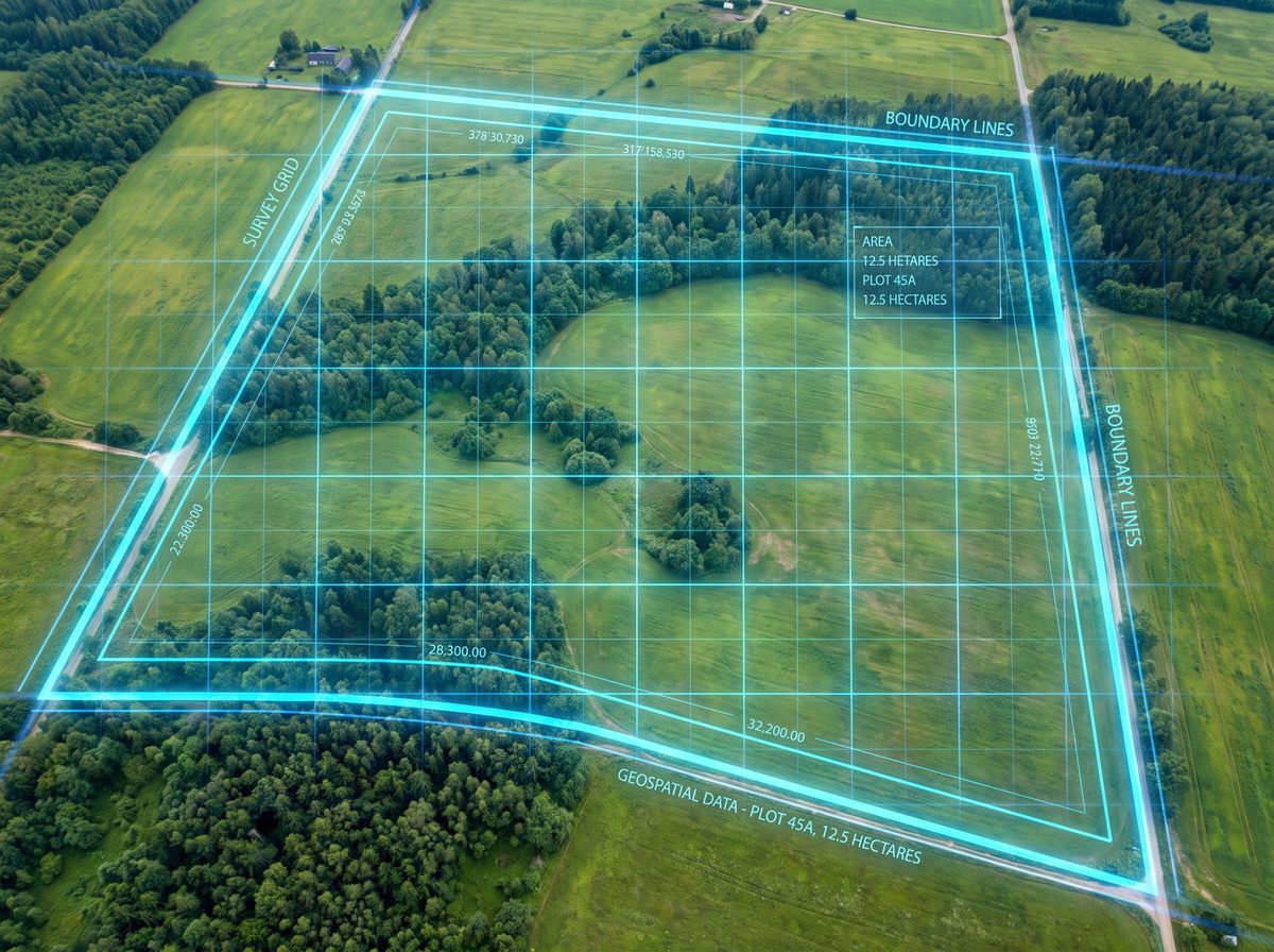 Aerial view of land with a digital surveying grid overlay for mapping