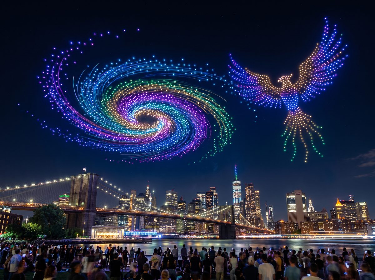 Spectacular drone light show at night with illuminated drones forming patterns over a city