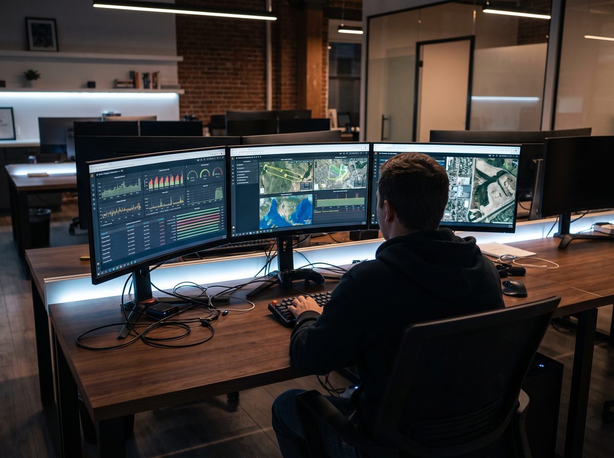 Person working at a desk with multiple monitors displaying data dashboards and drone telemetry