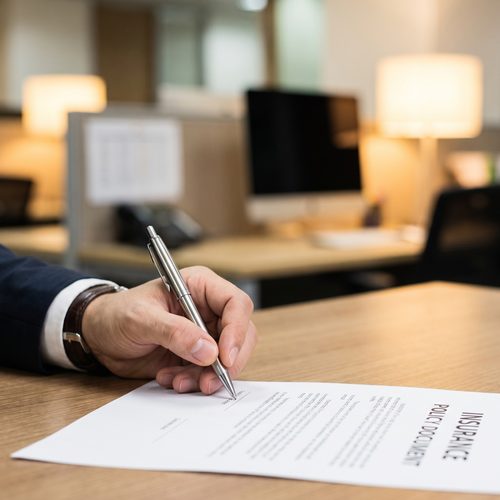 Close-up of a hand signing an insurance policy document