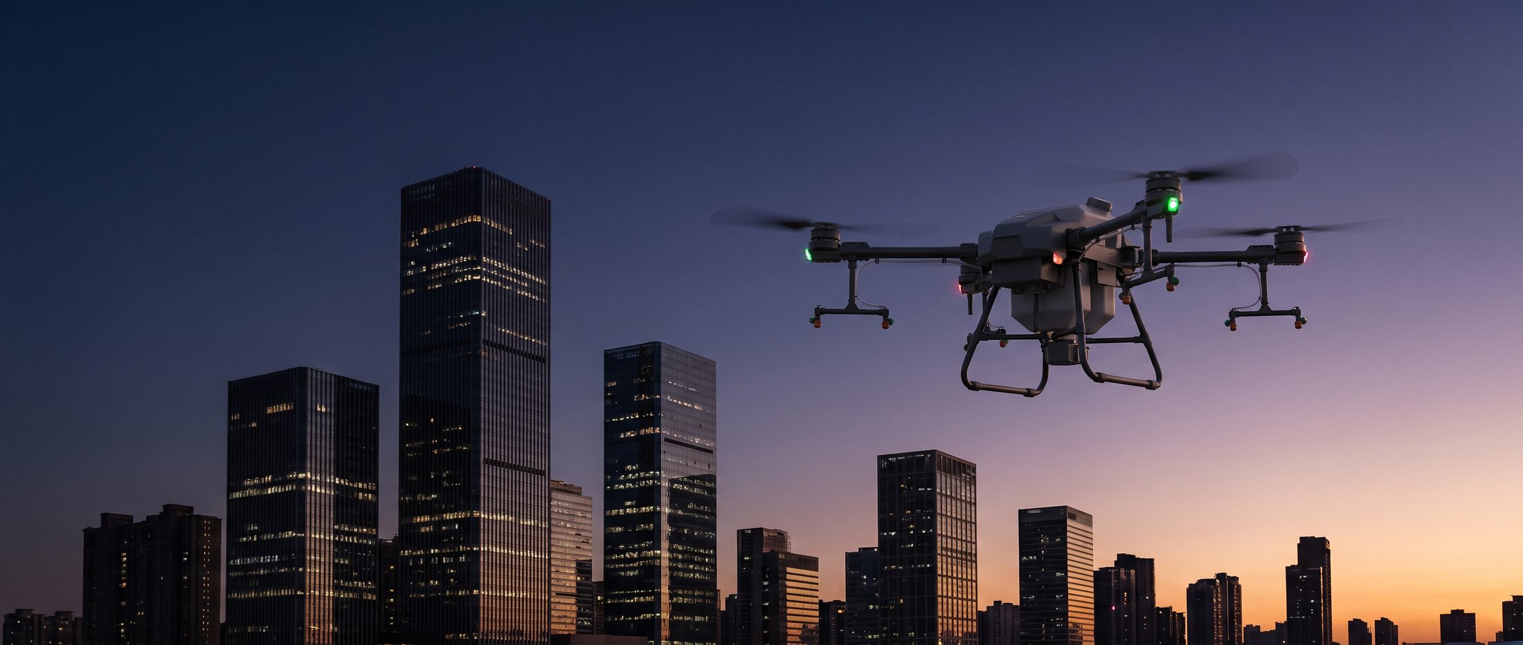 Drone X drone in flight against a modern city business district skyline at dusk
