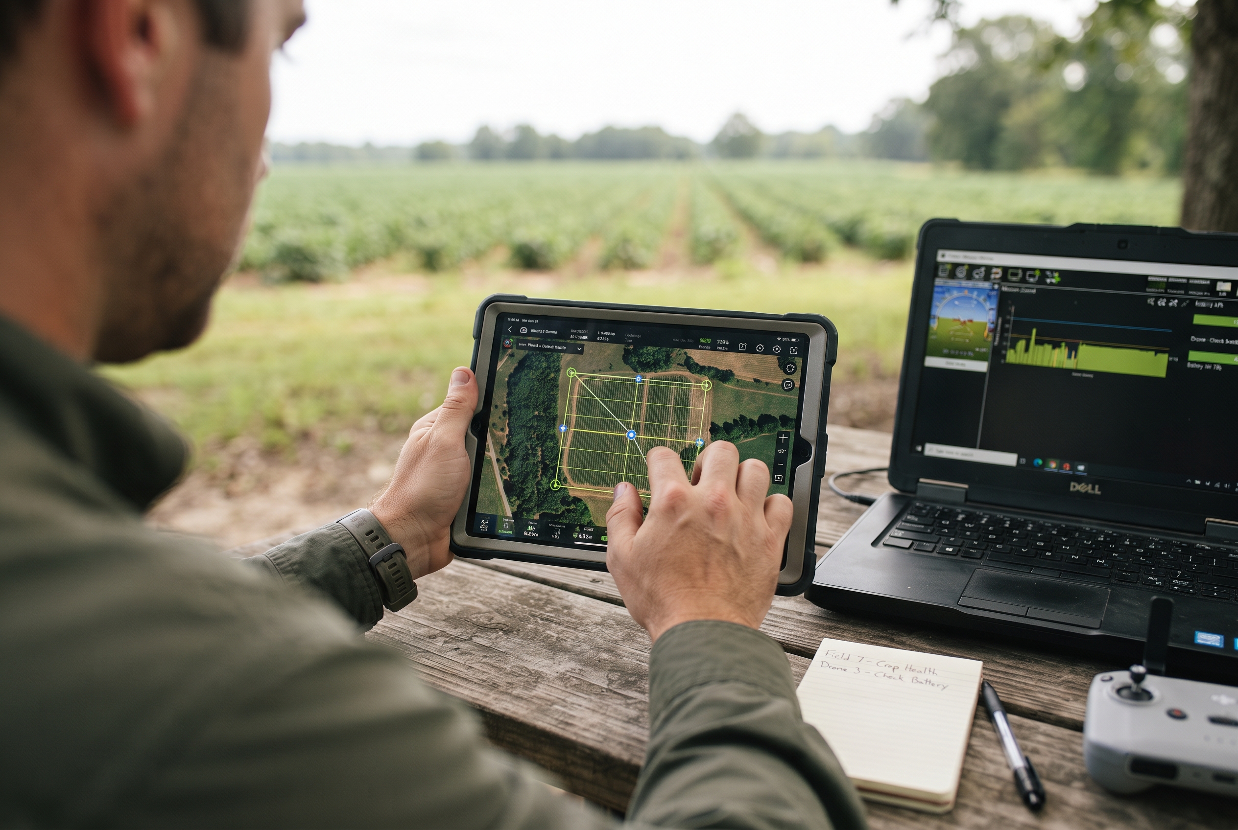 Planning a drone flight route and chemical volume on a tablet map at the edge of a plantation